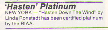 Linda Ronstadt platinum certification for Hasten Down the Wind